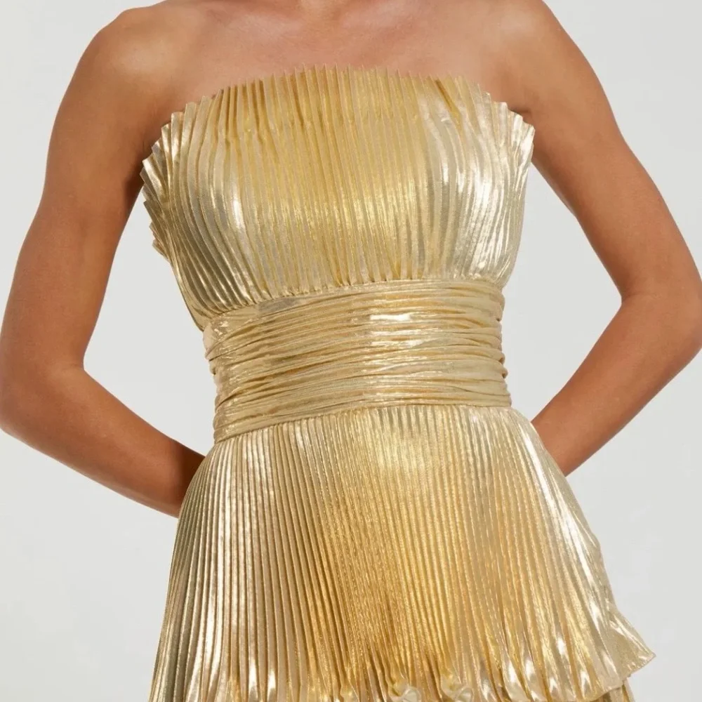 Mac Duggal Metallic Gold Strapless Tiered Pleated Gown - Picture 2 of 6